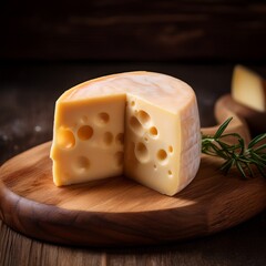 A creamy slice of cheese rests on the wooden board, its rich aroma filling the air