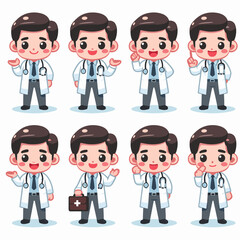Illustrations of Cute Cartoon Doctor Characters in Various Poses and Expressions
