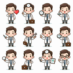 Cute cartoon doctor characters in various poses, medical occupation theme