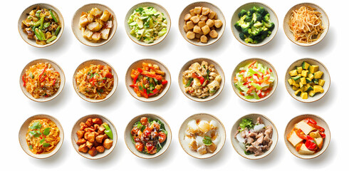 Culinary Collage: An overhead view presents an array of diverse, colorful dishes artfully arranged in bowls, each brimming with fresh ingredients and enticing flavors.
