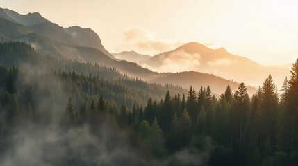 Obraz premium Serene Mountain Landscape at Sunrise with Misty Forests