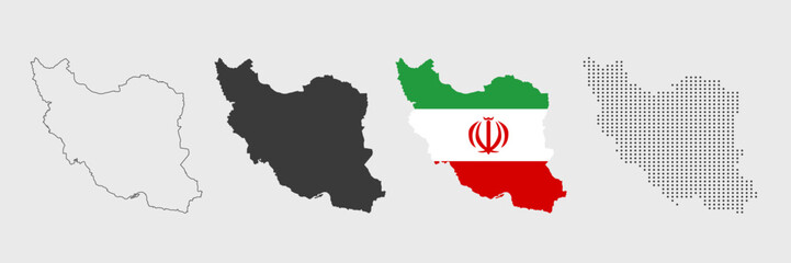 Iran map in various style outline, grey, flag color, and dotted