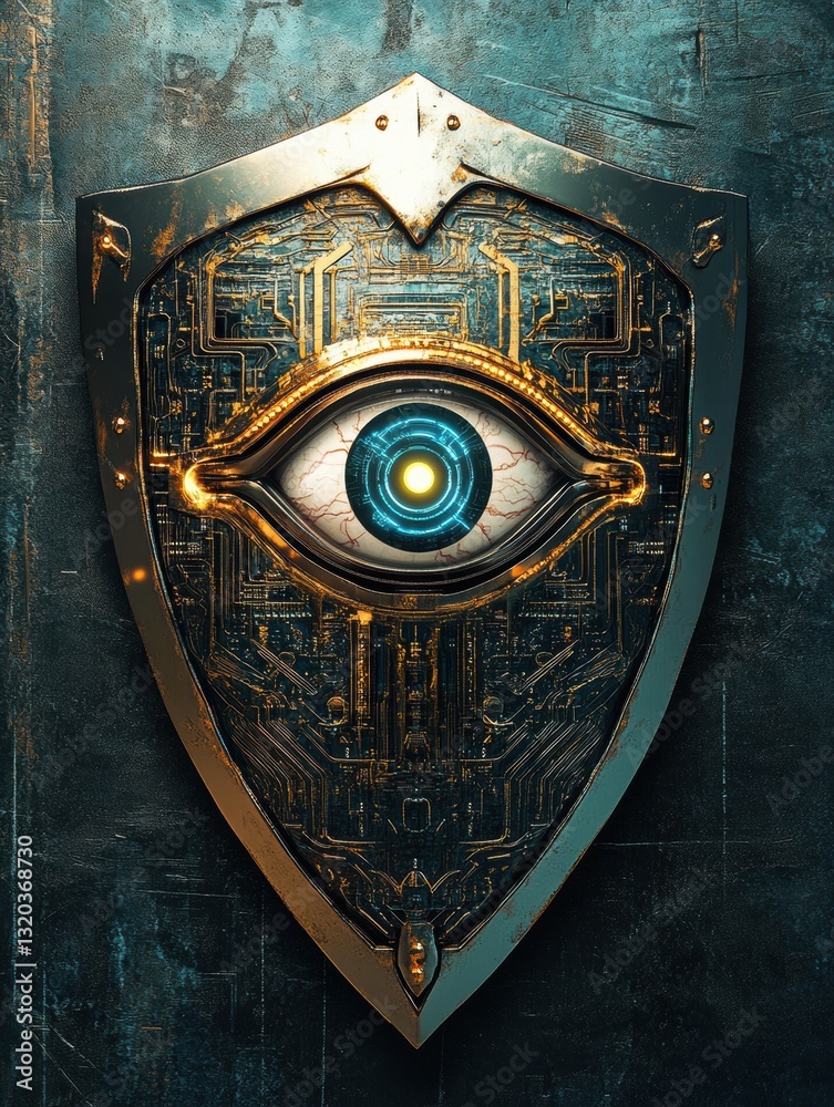 Aufkleber Intricate shield design featuring cybernetic patterns and robotic eye symbolizing artificial intelligence in cybersecurity concepts