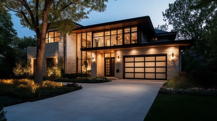 Fototapeta premium a modern home with large windows and a garage at night.