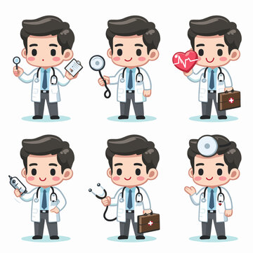 Illustrations of a Friendly Cartoon Doctor in Various Poses and With Equipment