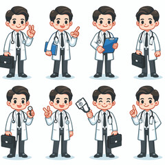 Collection of Illustrated Cartoon Doctors in Various Poses and Holding Tools