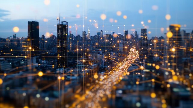 a city skyline at night with digital network connections overlay.