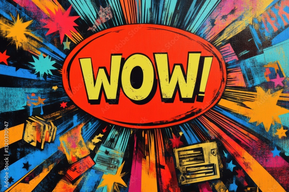 Aufkleber vivid pop art design with wow speech bubble and bold colors emphasizing discounts in a dynamic layou