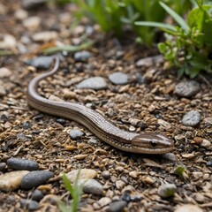 Sunlit Wanderer: A Juvenile Slow Worm Basks on the Garden Path