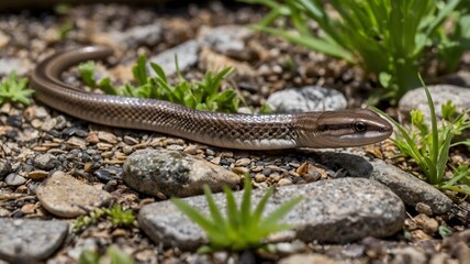 Fototapeta premium Glistening Among Stones: A Slow Worm’s Quiet Moment on the Garden Path
