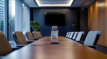 Fototapeta premium A modern conference room with seating and a large screen