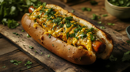 Gourmet Hot Dog: A mouthwatering gourmet hot dog, nestled in a toasted bun, generously topped with a vibrant layer of melted cheese, and sprinkled with fresh, aromatic herbs.