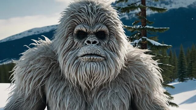 Yeti walks through the woods. Bigfoot 