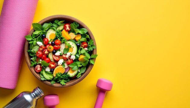 A vibrant bowl of salad and dumbbells on a yellow background, celebrating International Yoga Day with health and wellness themes - Powered by Adobe