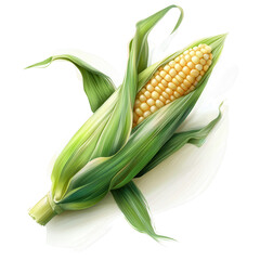 Golden Harvest: A vibrant illustration showcases a single ear of corn, its kernels glistening, partially husked to reveal its golden treasure, set against the contrast of the green husks