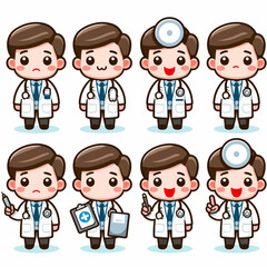 Collection of cute cartoon doctor characters in various emotional states