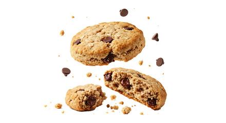 Crumbs integral whole wheat biscuit with oatmeal and chocolate, cookie flying, isolated on white