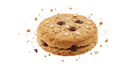 Crumbs integral whole wheat biscuit with oatmeal and chocolate, cookie flying, isolated on white