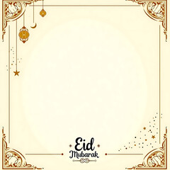 Elegant Eid Mubarak invitation template with intricate golden corner designs, a soft cream background, and a crescent moon with Arabic calligraphy. Perfect for iftar party announcements with a refined