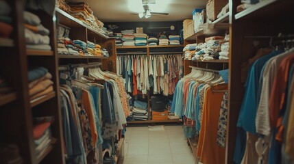 Naklejka premium Well organized walk-in closet with folded and hanging clothes in a wardrobe