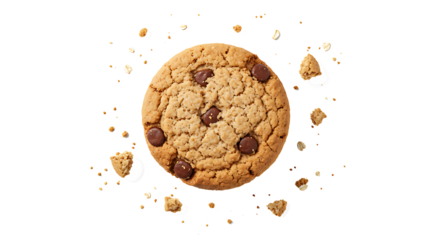 Crumbs integral whole wheat biscuit with oatmeal and chocolate, cookie flying, isolated on white