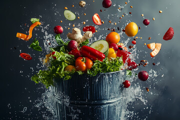 Burst of Freshness: A vibrant medley of fruits and vegetables explodes from a metallic container with a splash of water, showcasing the freshness and dynamic energy of nature's bounty.