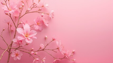 Fototapeta premium Pink cherry blossom flowers on pink background.