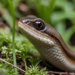 Naklejka premium The Quiet Gaze: A Slow Worm's Face Amidst Blurred Green Foliage