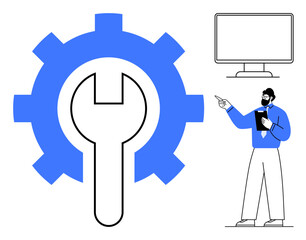 Oversized gear and wrench symbol next to a professional pointing at a screen, emphasizing repair, maintenance, technology support, and mechanical concepts. Ideal for innovation, workflow