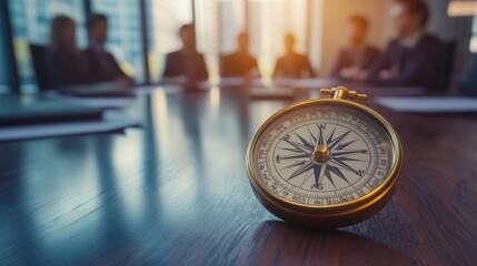 A compass rests on a wooden table, with business professionals blurred in the background, suggesting direction and leadership in a corporate setting.