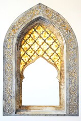 Watercolor painting of a grand Islamic window arch with golden rays filtering through its detailed patterns. The light creates a beautiful