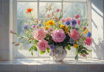 Beautiful arrangement of pink roses, wildflowers, and greenery in a delicate vase on a sunlit windowsill with a soft focus background