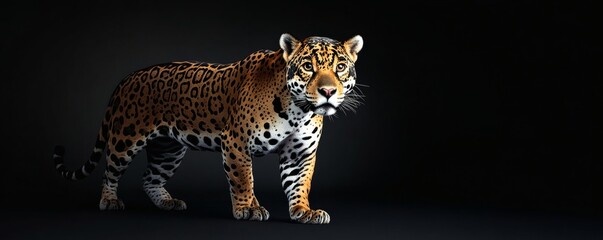 Naklejka premium A large predatory spotted cat standing against a black background