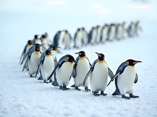 Fototapeta premium Adélie Penguins Marching Together on Ice: A group of Adélie penguins waddling in unison across the icy terrain, their synchronized steps creating a sense of teamwork and unity.