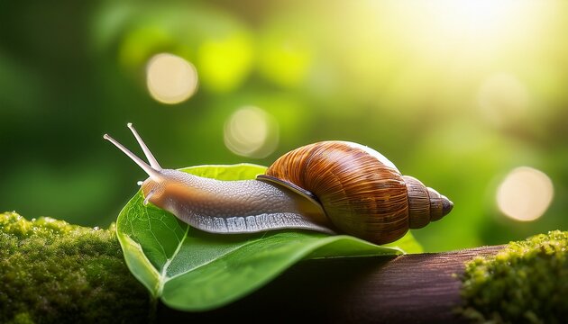 snail on a green leaf in the forest