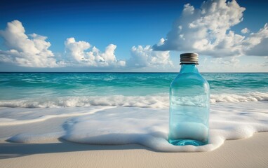 A clear blue water bottle stands on the sandy beach, surrounded by ocean waves and fluffy clouds. Concept of pollution and environmental awareness.