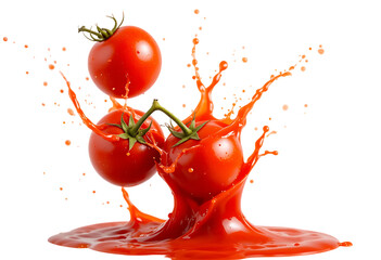Fresh tomatoes splashing in delicious ketchup isolated on transparent background