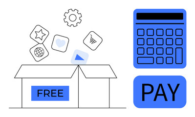 Open box labeled Free releasing icons thumbs up gear, heart, and shopping cart, next to blue calculator marked Pay. Ideal for business strategy, pricing policy, comparison, value analysis, marketing