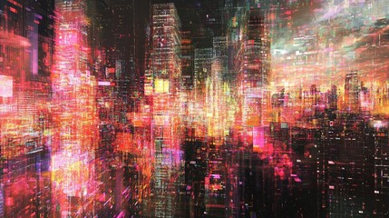 Abstract futuristic cityscape with glowing grid and vibrant colors creating a digital feel