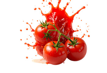 Fresh tomatoes splashing in delicious ketchup isolated on transparent background