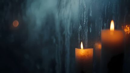 Fototapeta premium Candlelight Serenity: Two glowing candles illuminate a scene of gentle mist and darkness, creating a sense of warmth, reflection, and solitude. Capturing the soft glow, the flickering flames.