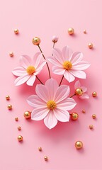 Obraz premium Pink flowers with gold spheres on pink background.