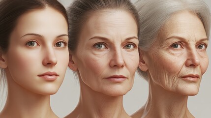 Women of varying ages display the progression of aging, showcasing changes in facial features and skin texture.