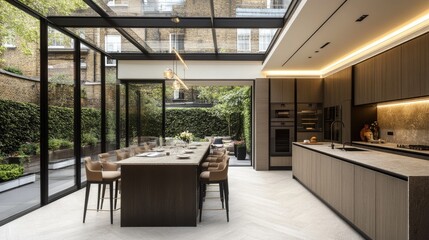 A contemporary kitchen design with a roof featuring different levels of transparency for optimal lighting.