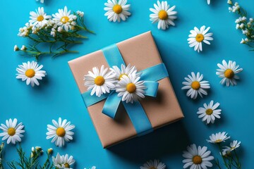 Obraz premium Gift Box with Blue Ribbon and Daisies on Vibrant Cyan Background