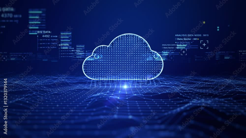 Aufkleber Digital cloud computing concept with data analytics, futuristic technology, and big data visualization in a cyber network connection environment. Abstract background 4K