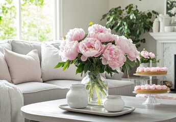 Beautiful peony bouquet in a cozy living room with soft furniture and a serene atmosphere, highlighting floral decoration and sweet treats on a table