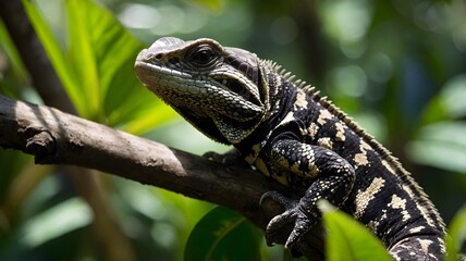 Fototapeta premium Tropical Haven: A Juvenile Tegu Basks on a Branch in Sunlit Serenity