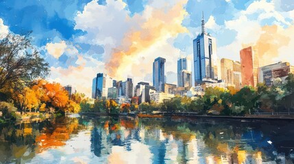 Fototapeta premium Vibrant Cityscape Reflection in Water During Autumn Sunset Scene
