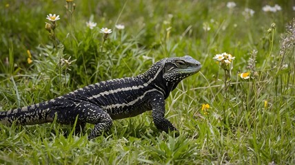 Obraz premium Silent Encounters: Two Tegus in a Grassy Clearing, Surrounded by Nature